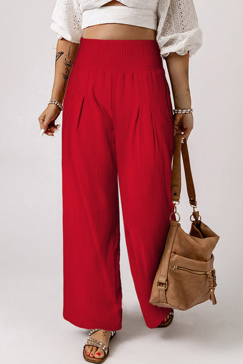 Smocked Wide Waistband High Waist Wide Leg Pants